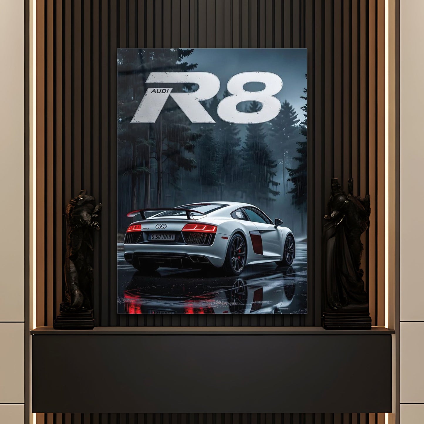 Audi R8 Yağmurlu Orman Cam Tablo – Spor ve Zarafet