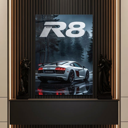 Audi R8 Yağmurlu Orman Cam Tablo – Spor ve Zarafet