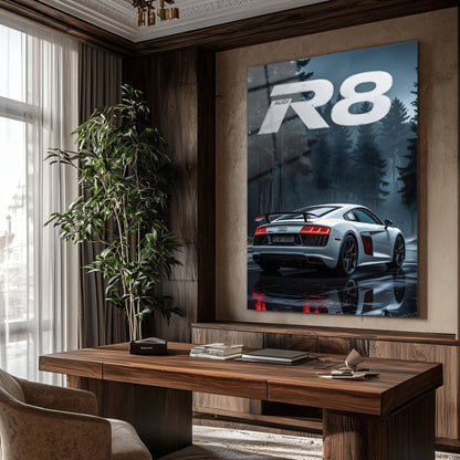Audi R8 Yağmurlu Orman Cam Tablo – Spor ve Zarafet