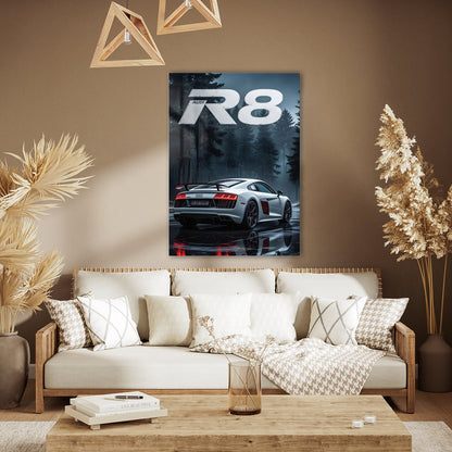 Audi R8 Yağmurlu Orman Cam Tablo – Spor ve Zarafet