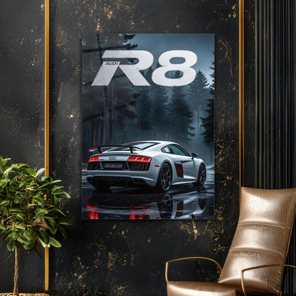 Audi R8 Yağmurlu Orman Cam Tablo – Spor ve Zarafet