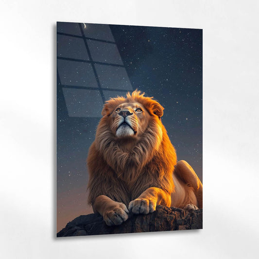 Gece Yıldızlı Aslan Epik Cam Tablo