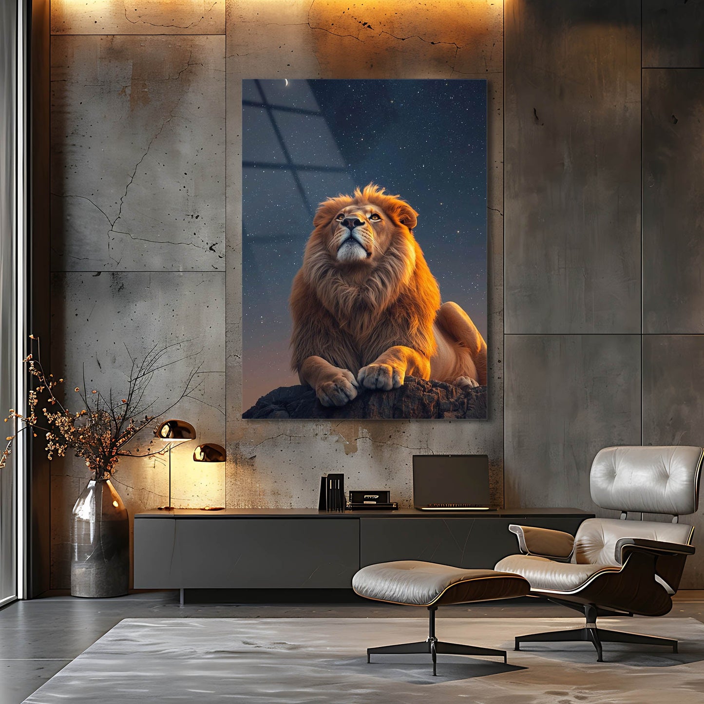 Gece Yıldızlı Aslan Epik Cam Tablo
