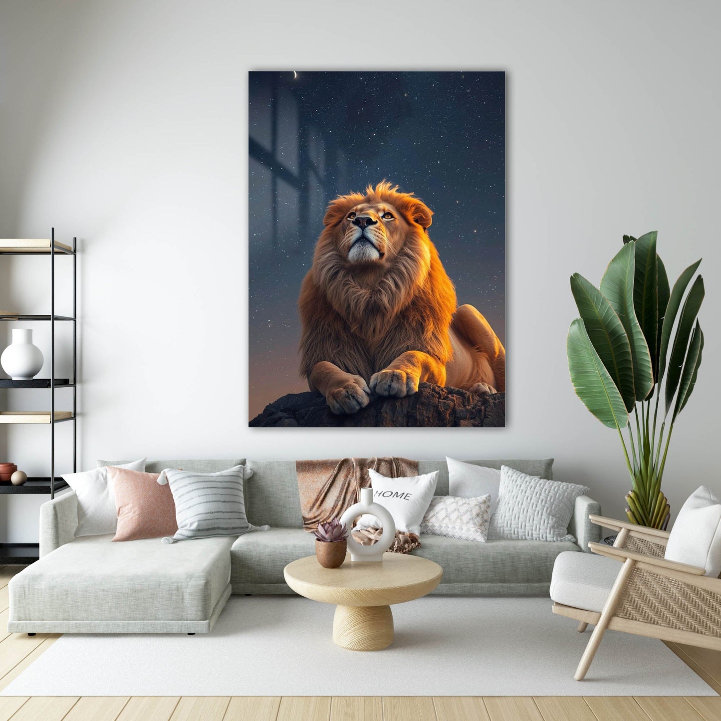 Gece Yıldızlı Aslan Epik Cam Tablo