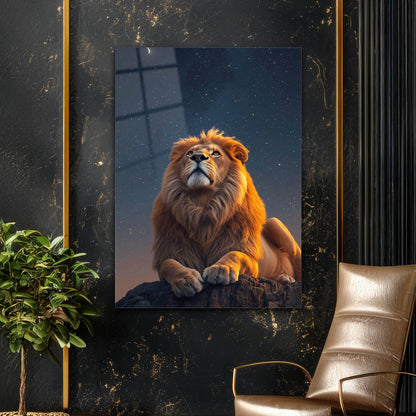 Gece Yıldızlı Aslan Epik Cam Tablo
