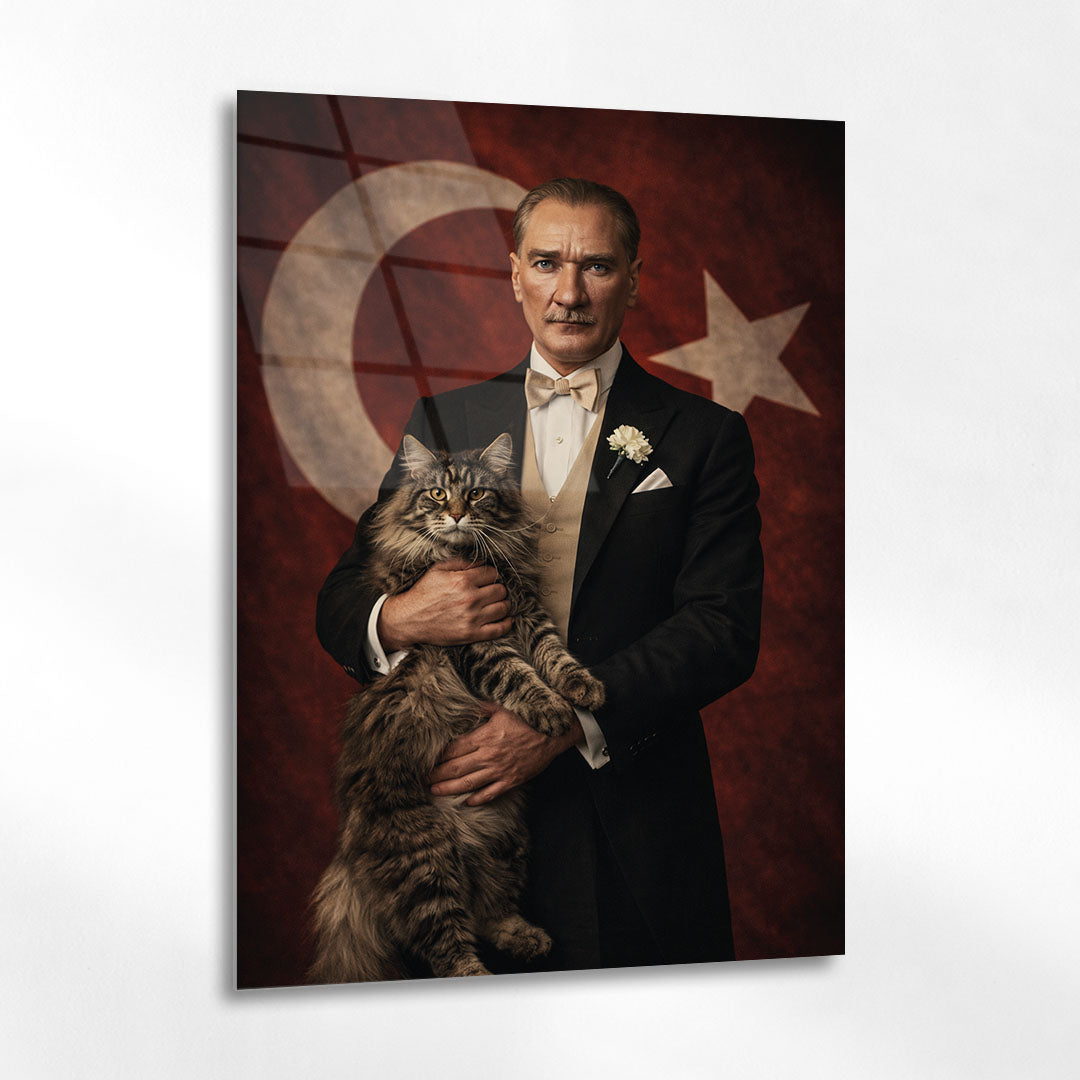 Atatürk Kedi ile Bayrak Önünde Portre Cam Tablo