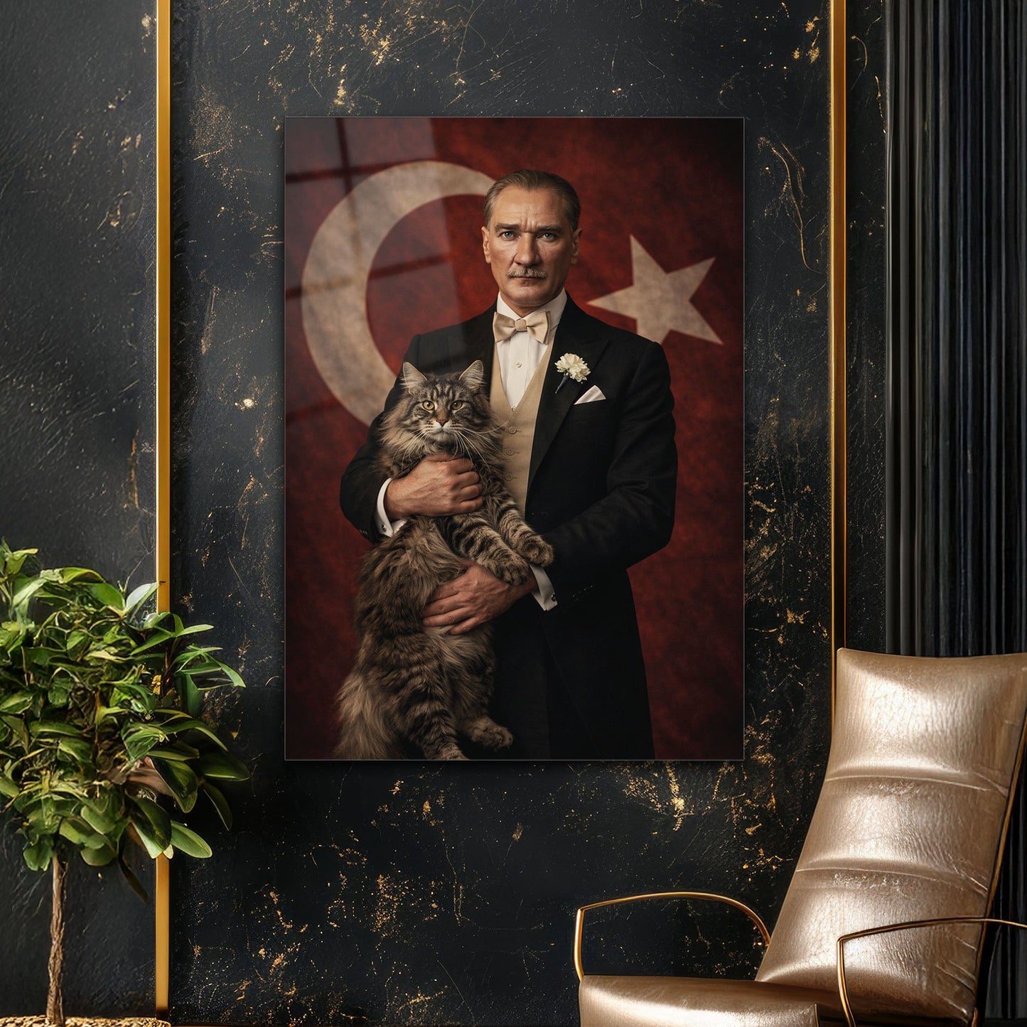 Atatürk Kedi ile Bayrak Önünde Portre Cam Tablo