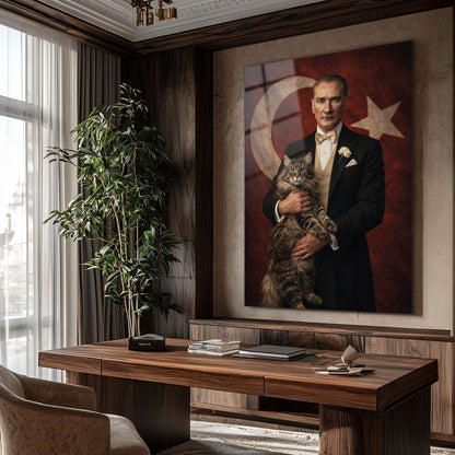 Atatürk Kedi ile Bayrak Önünde Portre Cam Tablo