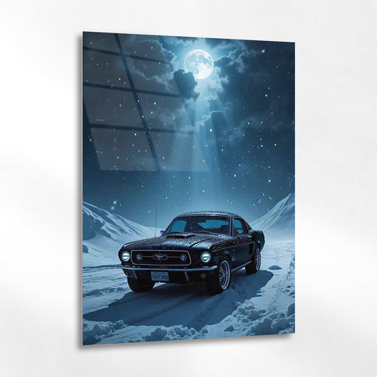 Mustang Karlı Gece Cam Tablo – Klasik Güç ve Özgürlük