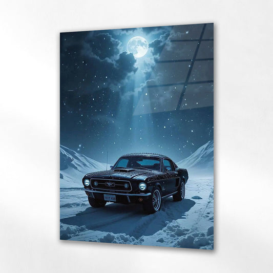Mustang Karlı Gece Cam Tablo – Klasik Güç ve Özgürlük