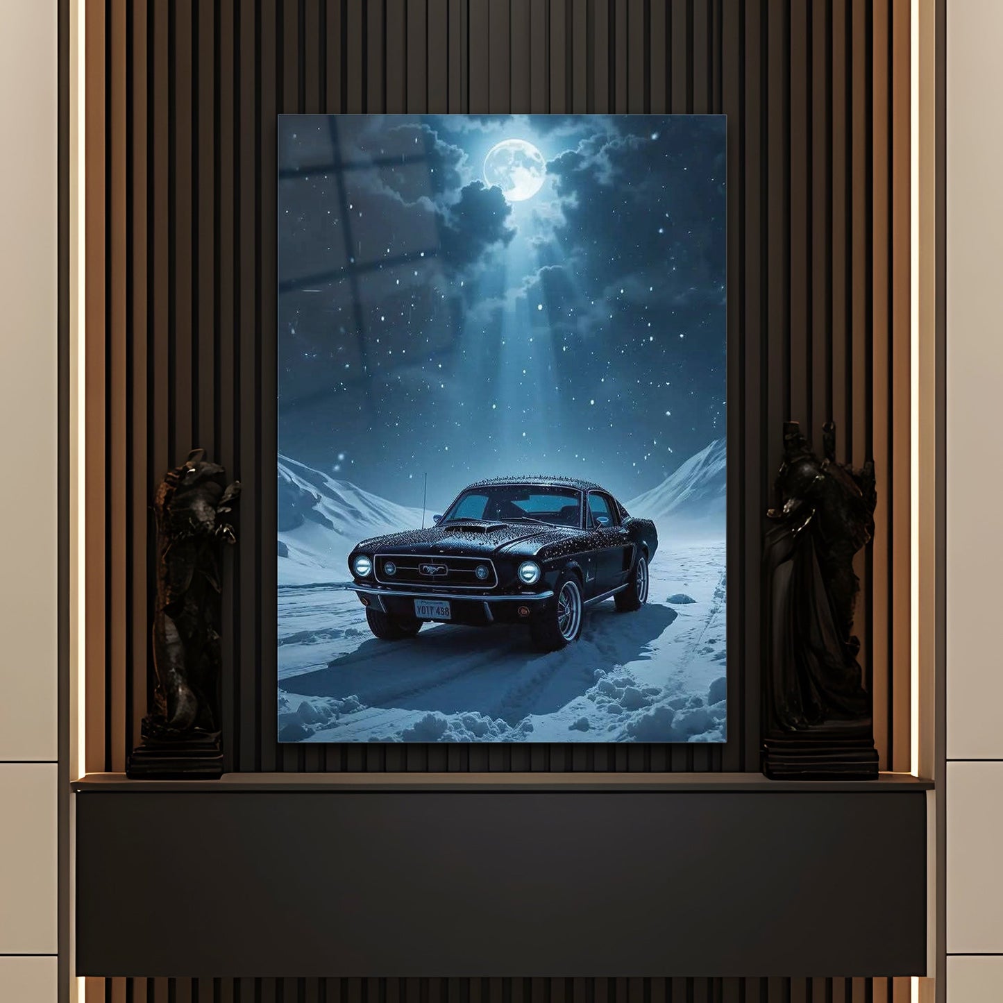 Mustang Karlı Gece Cam Tablo – Klasik Güç ve Özgürlük