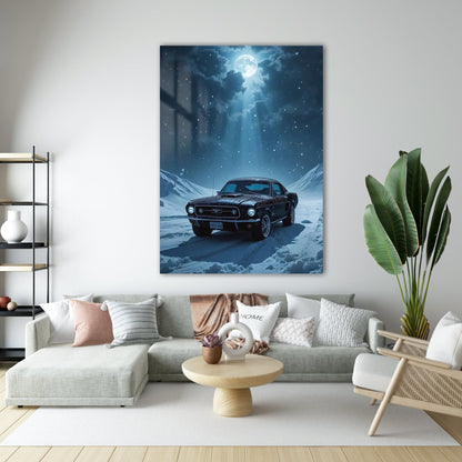 Mustang Karlı Gece Cam Tablo – Klasik Güç ve Özgürlük
