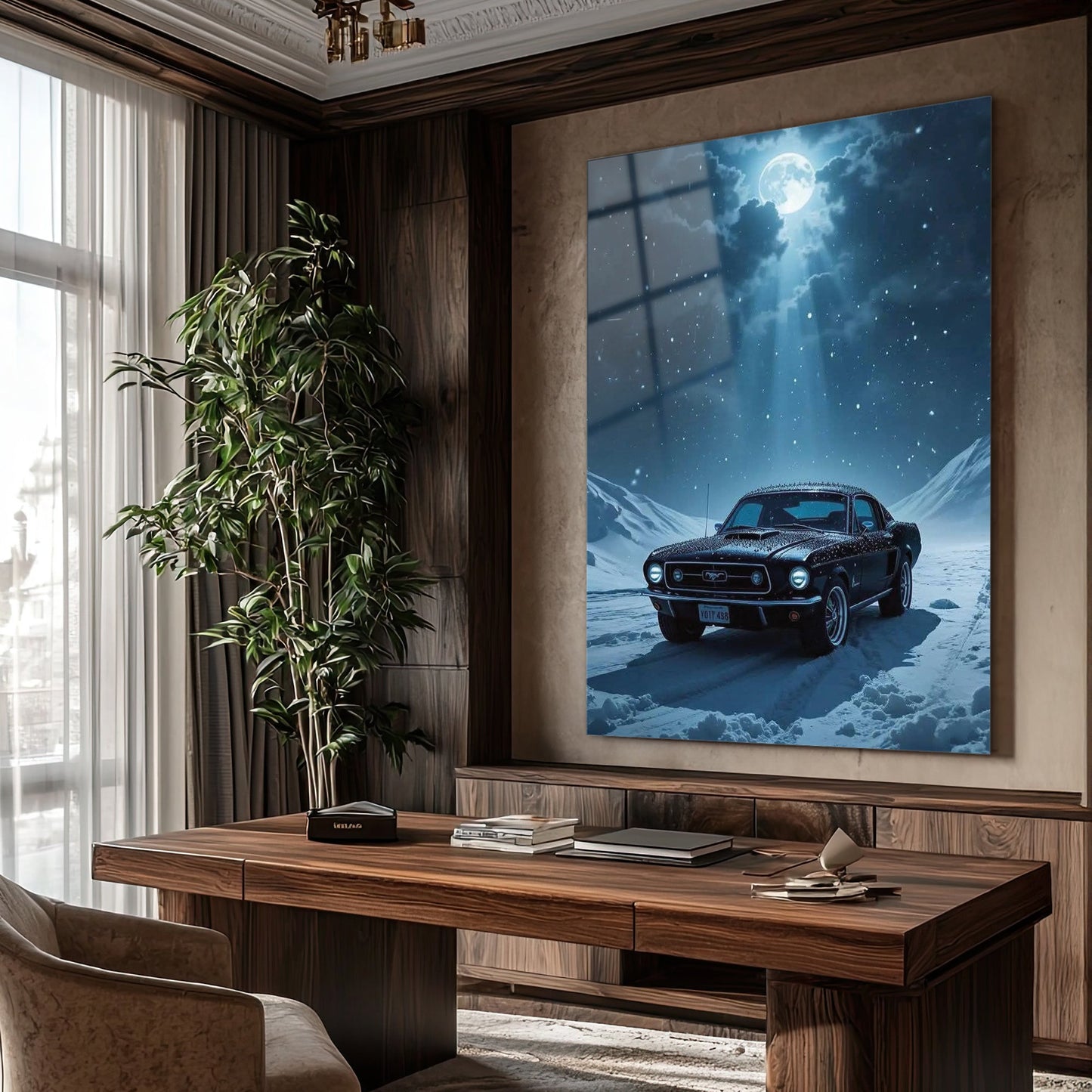 Mustang Karlı Gece Cam Tablo – Klasik Güç ve Özgürlük
