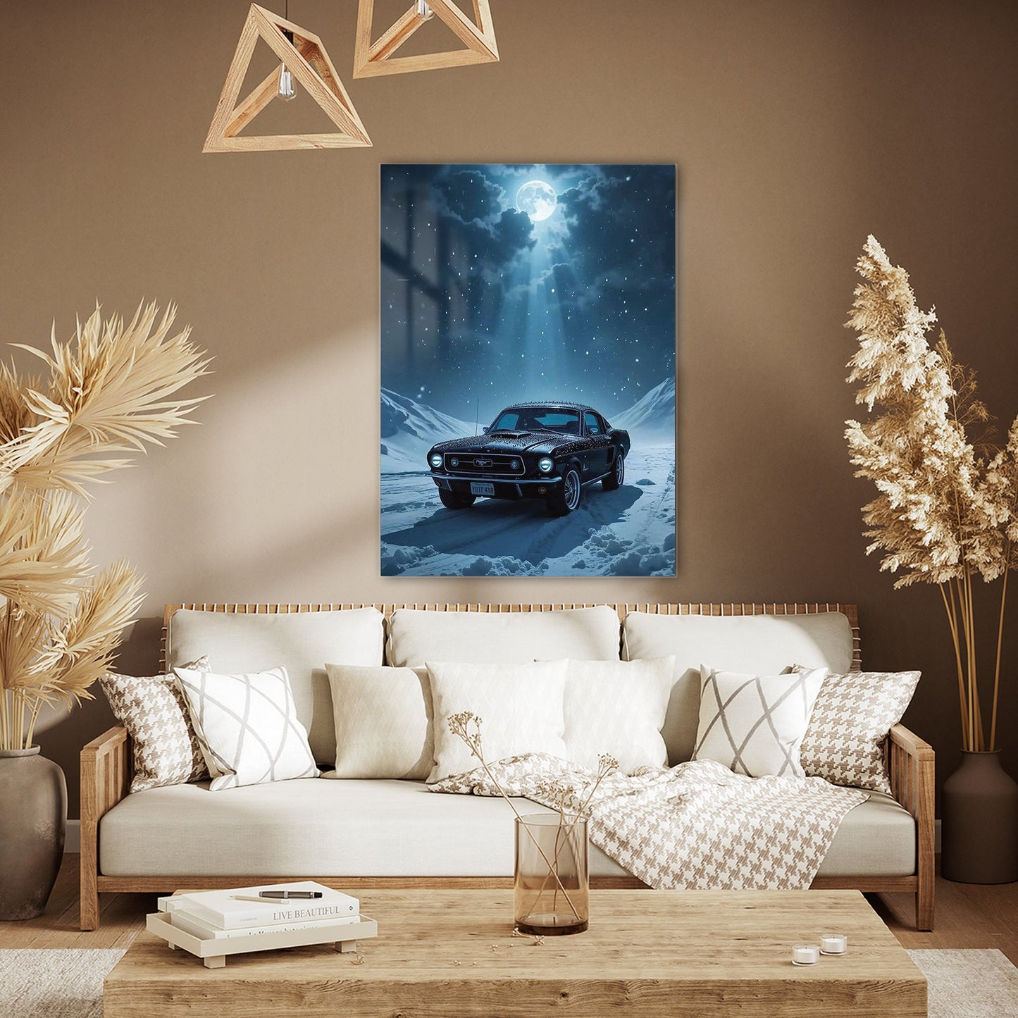 Mustang Karlı Gece Cam Tablo – Klasik Güç ve Özgürlük