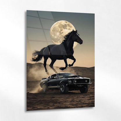 Mustang ve At Kompozisyonu Cam Tablo – Efsanevi Güç
