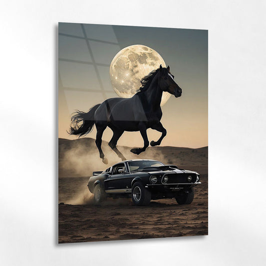 Mustang ve At Kompozisyonu Cam Tablo – Efsanevi Güç