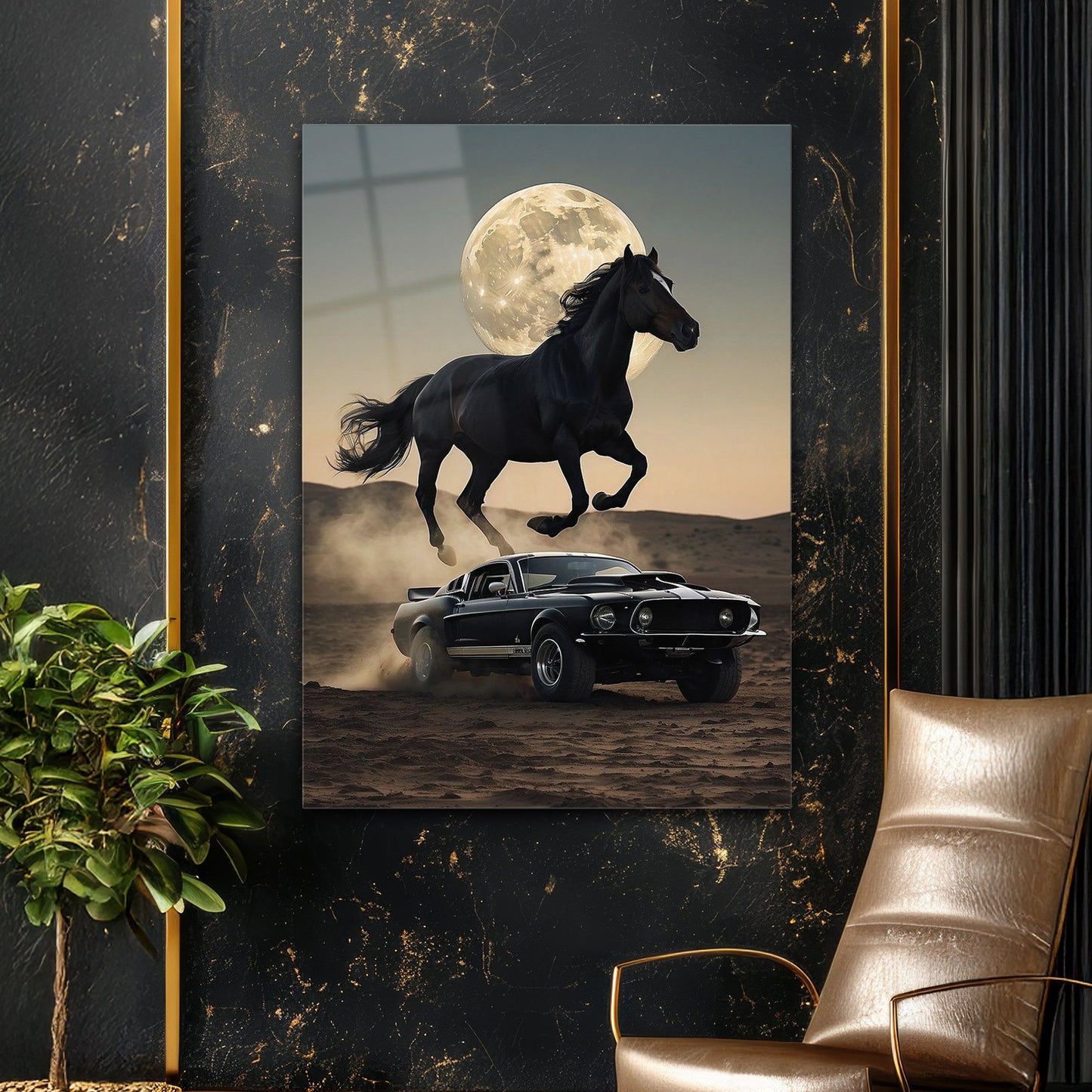 Mustang ve At Kompozisyonu Cam Tablo – Efsanevi Güç