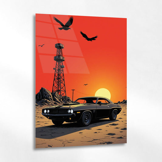 Klasik Muscle Car Gün Batımı Cam Tablo – Retro Ruh