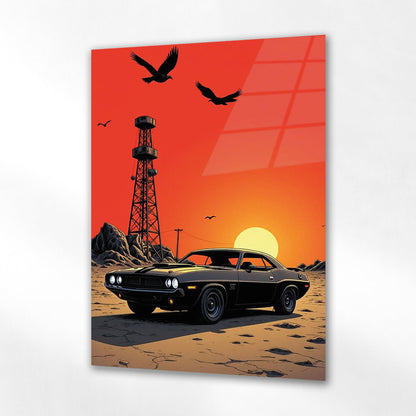 Klasik Muscle Car Gün Batımı Cam Tablo – Retro Ruh