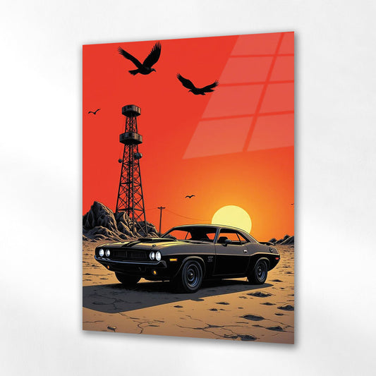 Klasik Muscle Car Gün Batımı Cam Tablo – Retro Ruh