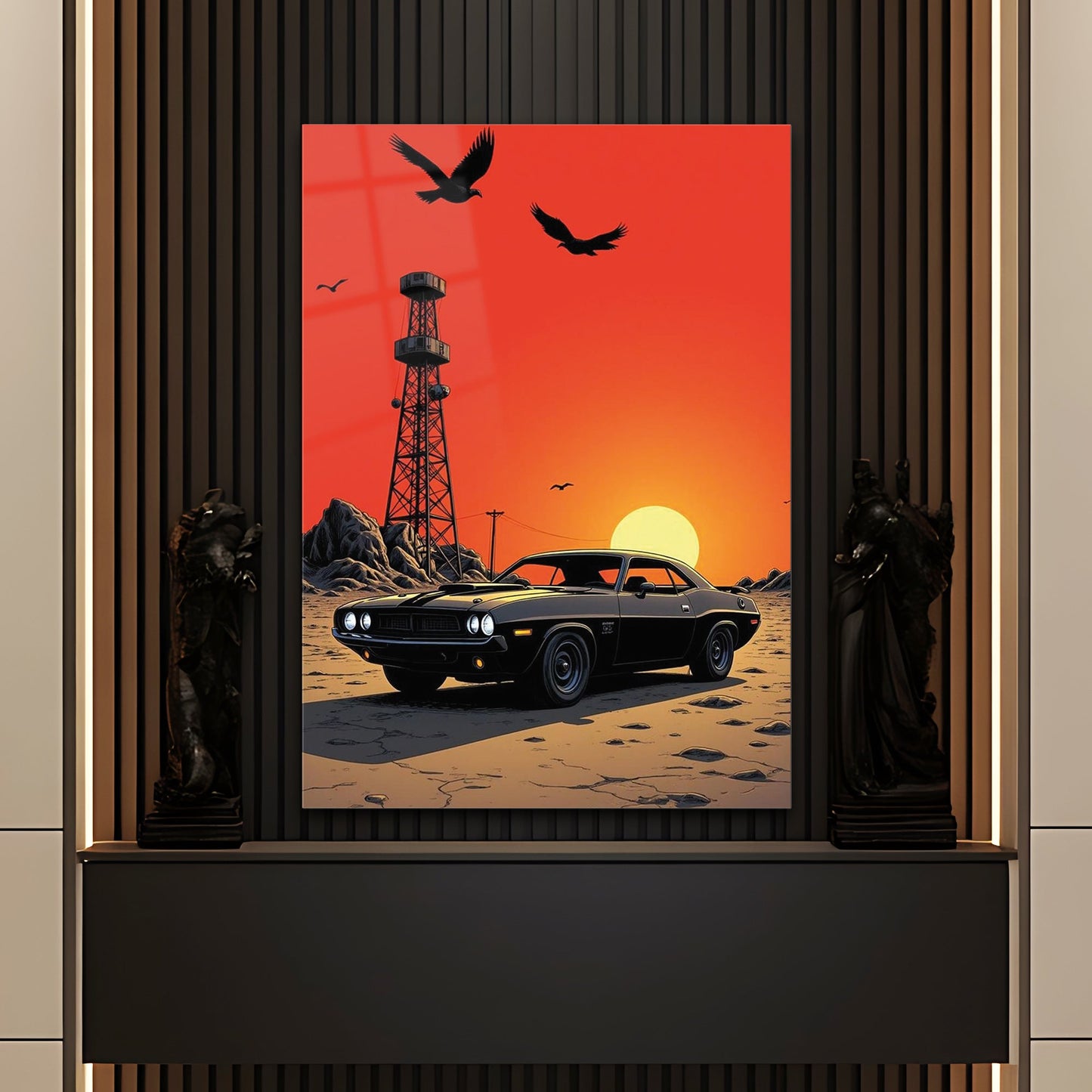 Klasik Muscle Car Gün Batımı Cam Tablo – Retro Ruh