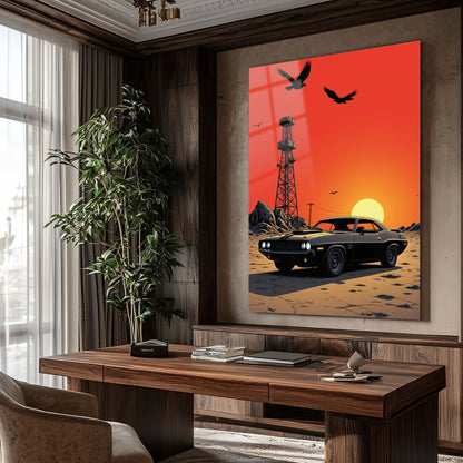 Klasik Muscle Car Gün Batımı Cam Tablo – Retro Ruh