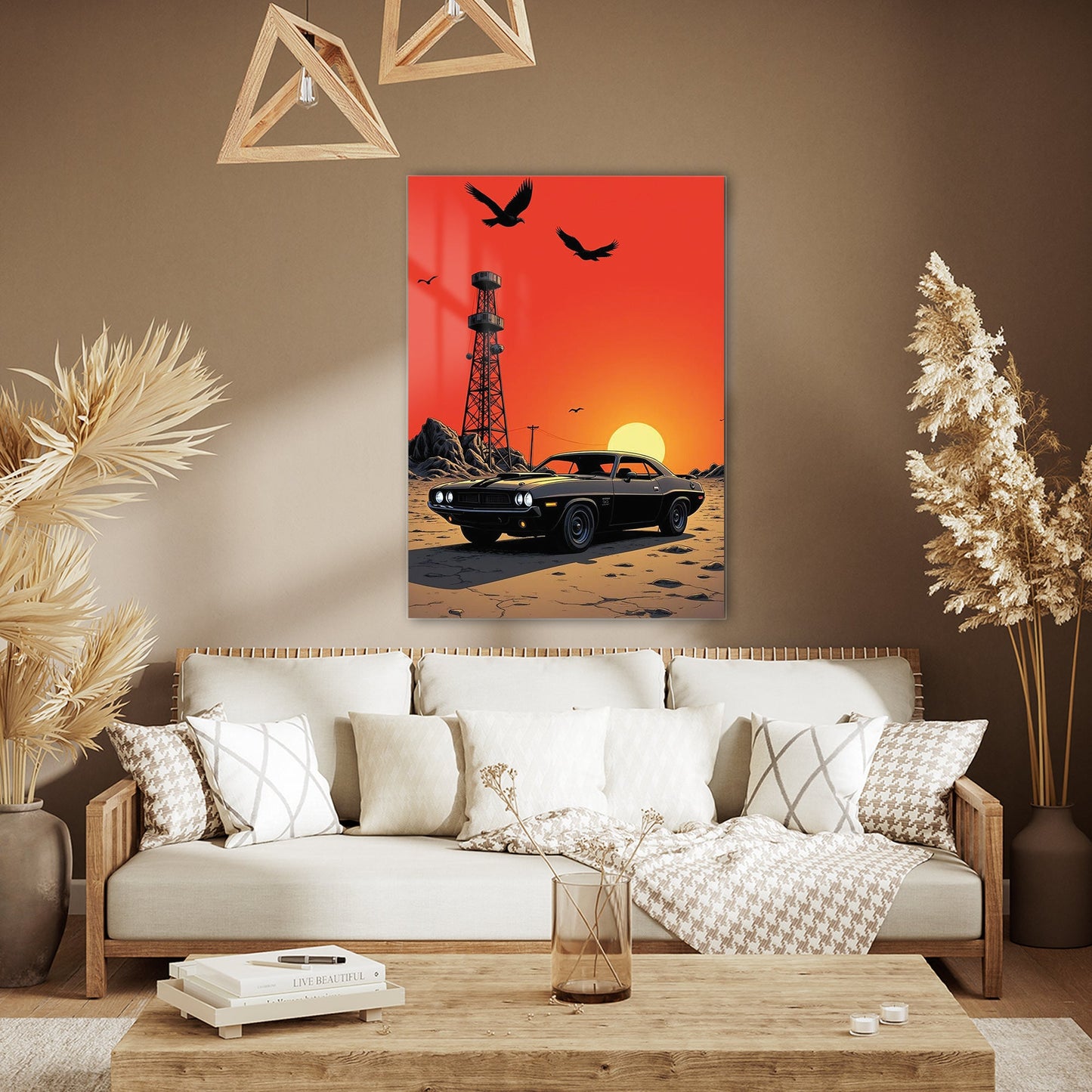 Klasik Muscle Car Gün Batımı Cam Tablo – Retro Ruh