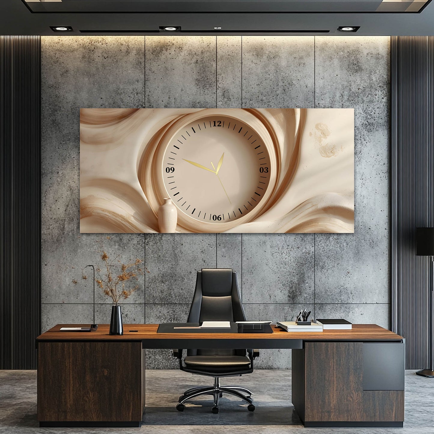 Bej Dalga Desenli Modern - Saatlı Cam Tablo