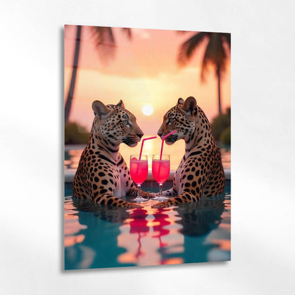 Romantik Leopar Günbatımı Kokteyl Cam Tablo