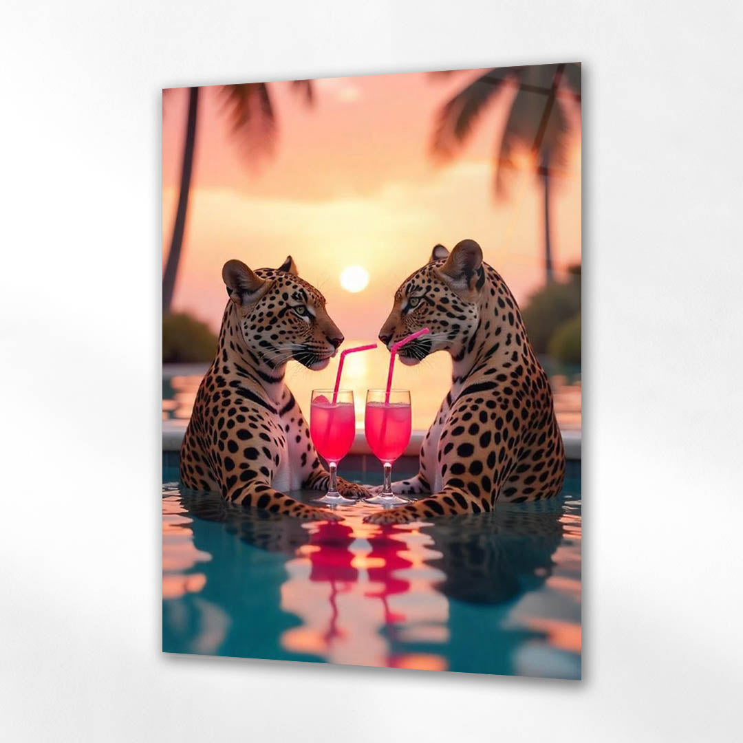 Romantik Leopar Günbatımı Kokteyl Cam Tablo