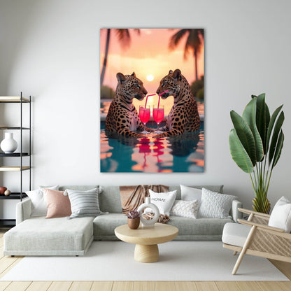 Romantik Leopar Günbatımı Kokteyl Cam Tablo