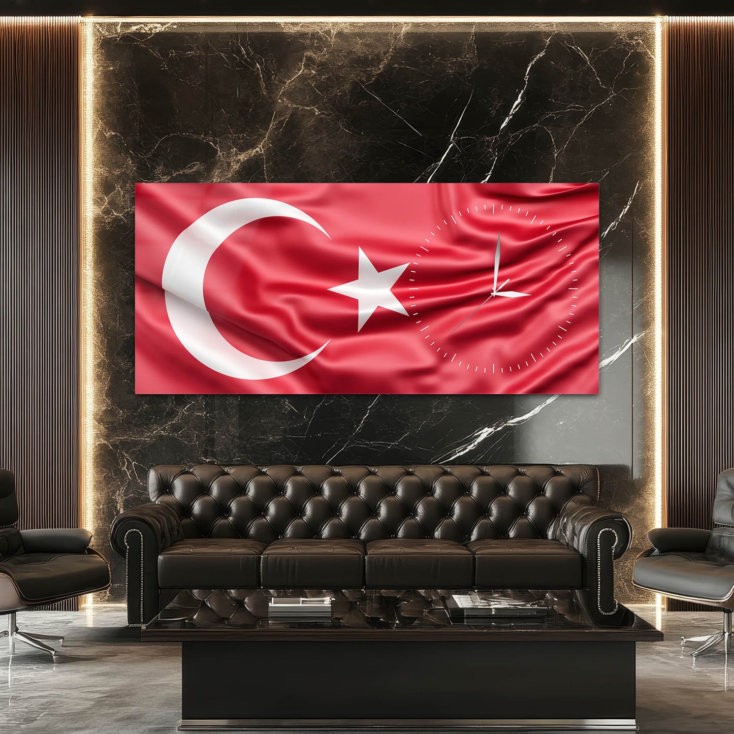 Türk Bayrağı Desenli Cam Saatli Tablo