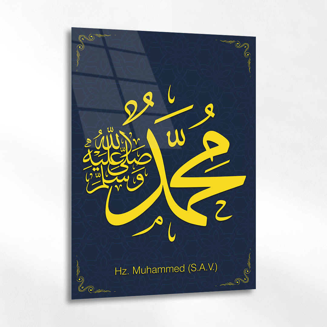 Hz. Muhammed (S.A.V.) Hat Sanatı Cam Tablo – Lacivert Zemin