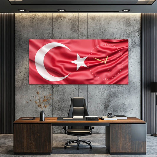 Türk Bayrağı Desenli Cam Saatli Tablo