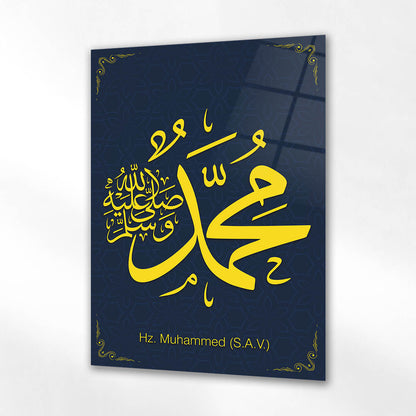 Hz. Muhammed (S.A.V.) Hat Sanatı Cam Tablo – Lacivert Zemin