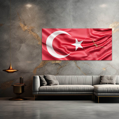 Türk Bayrağı Desenli Cam Saatli Tablo