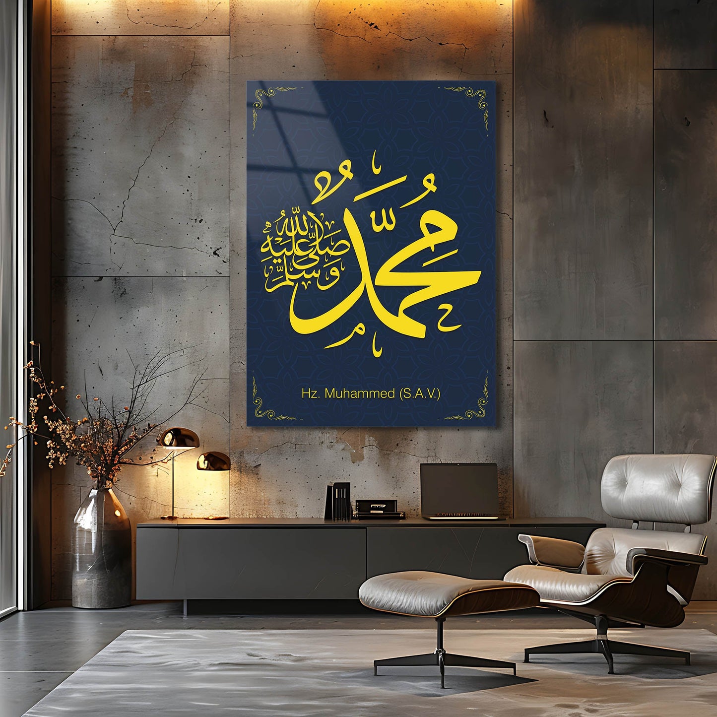 Hz. Muhammed (S.A.V.) Hat Sanatı Cam Tablo – Lacivert Zemin