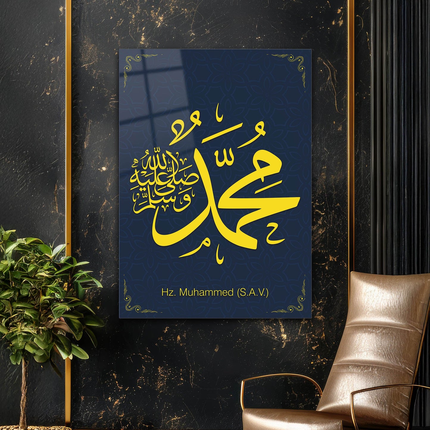 Hz. Muhammed (S.A.V.) Hat Sanatı Cam Tablo – Lacivert Zemin