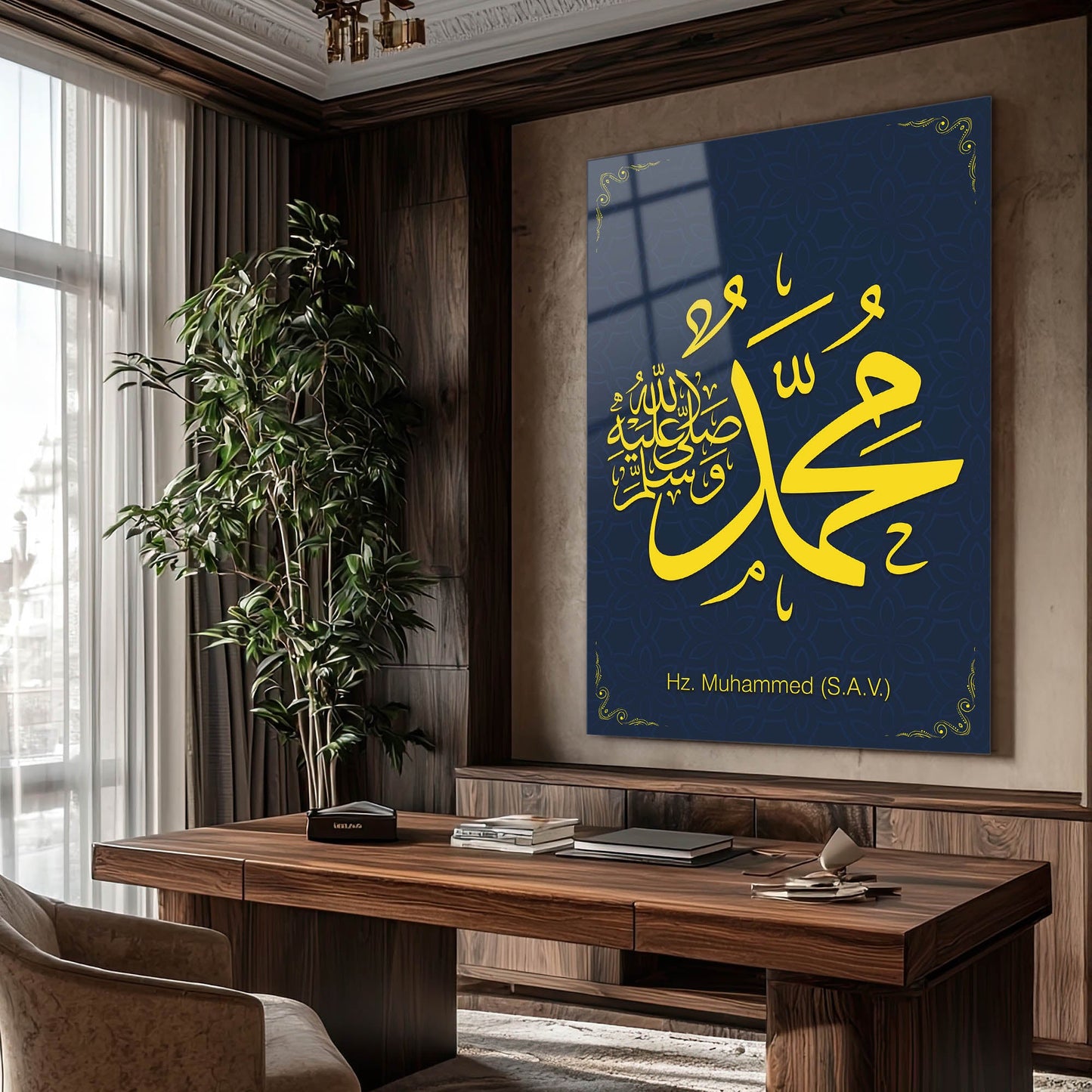 Hz. Muhammed (S.A.V.) Hat Sanatı Cam Tablo – Lacivert Zemin