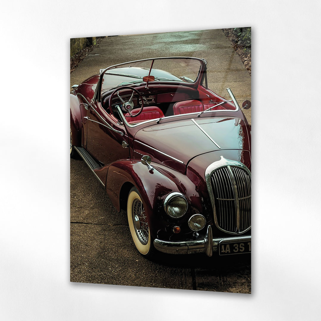 Klasik Araba - Vintage Kırmızı Üstü Açık Model - 4 mm Temperli Cam Tablo - Ev, ofis dekorasyon