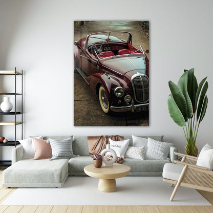 Klasik Araba - Vintage Kırmızı Üstü Açık Model - 4 mm Temperli Cam Tablo - Ev, ofis dekorasyon