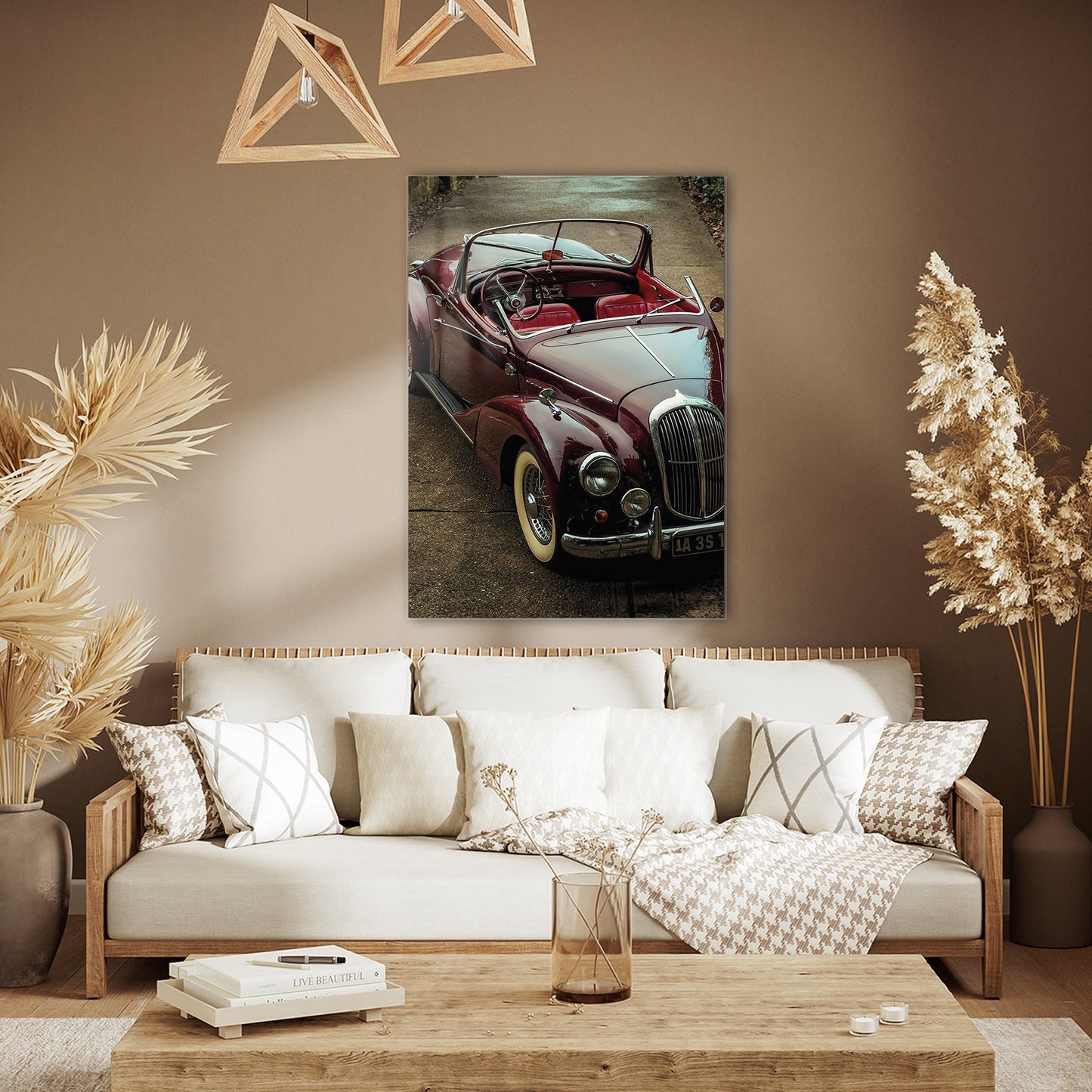 Klasik Araba - Vintage Kırmızı Üstü Açık Model - 4 mm Temperli Cam Tablo - Ev, ofis dekorasyon