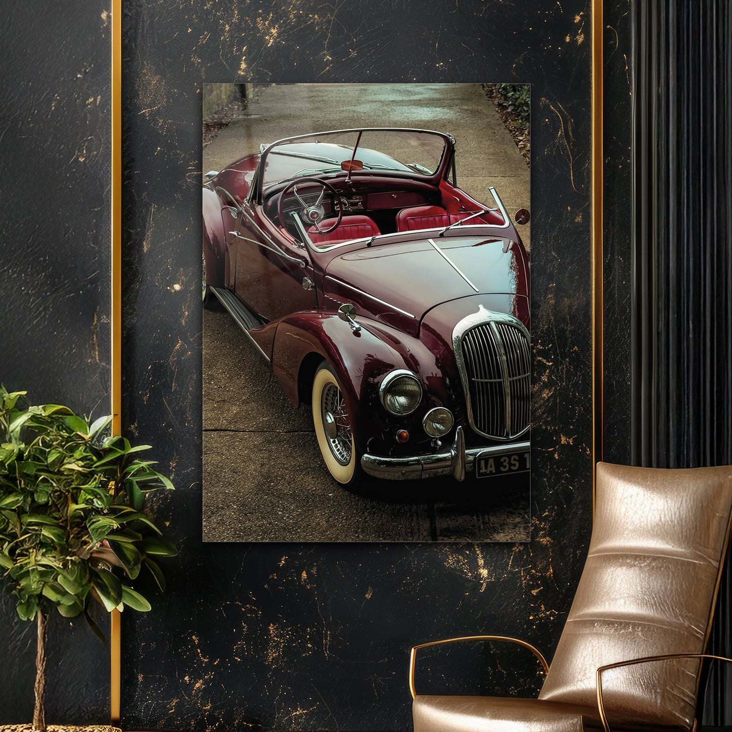 Klasik Araba - Vintage Kırmızı Üstü Açık Model - 4 mm Temperli Cam Tablo - Ev, ofis dekorasyon