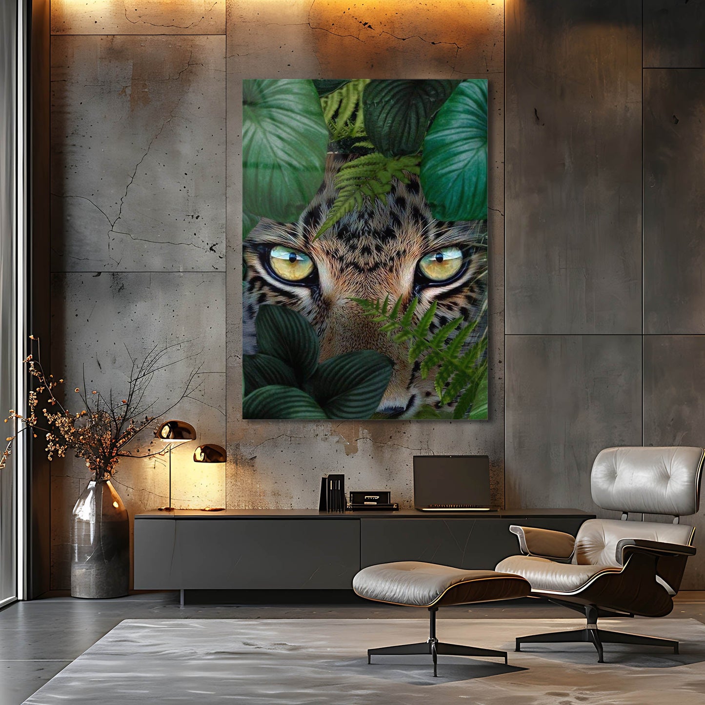 Orman İçinde Leopar Göz Detay Cam Tablo