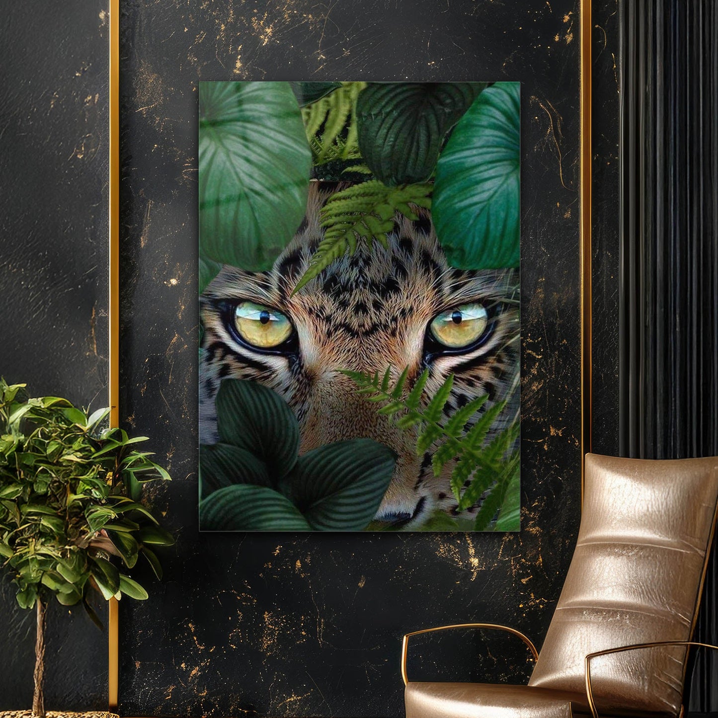 Orman İçinde Leopar Göz Detay Cam Tablo