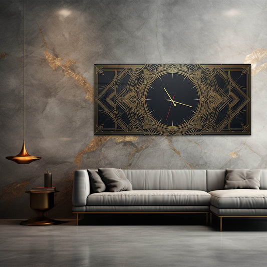 Art Deco Altın Detaylı Dekoratif - Saatlı Cam Tablo