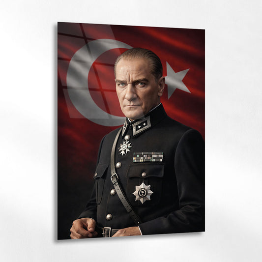 Atatürk Askeri Üniformalı Türk Bayrağı Cam Tablo
