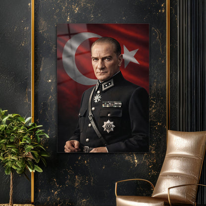 Atatürk Askeri Üniformalı Türk Bayrağı Cam Tablo