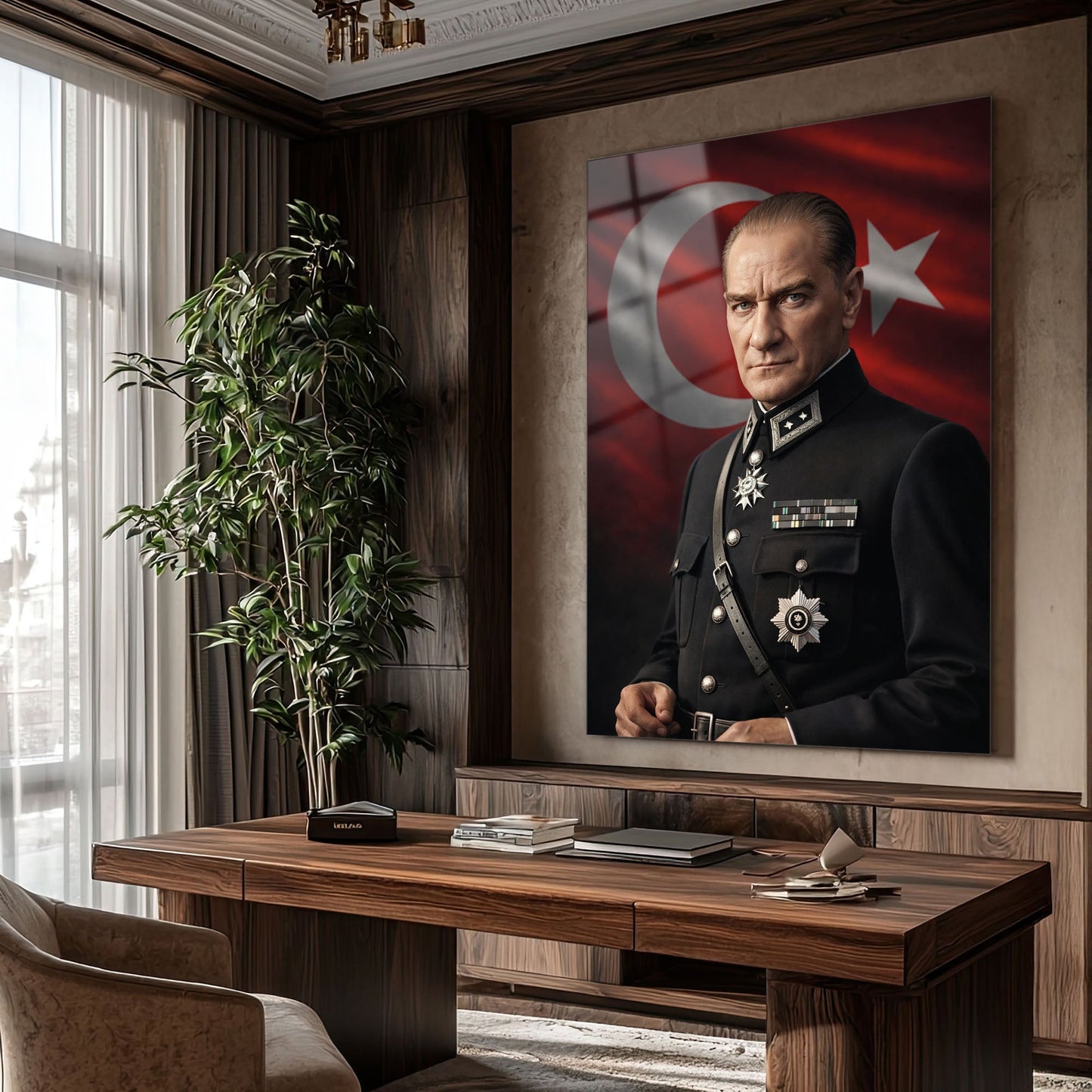 Atatürk Askeri Üniformalı Türk Bayrağı Cam Tablo