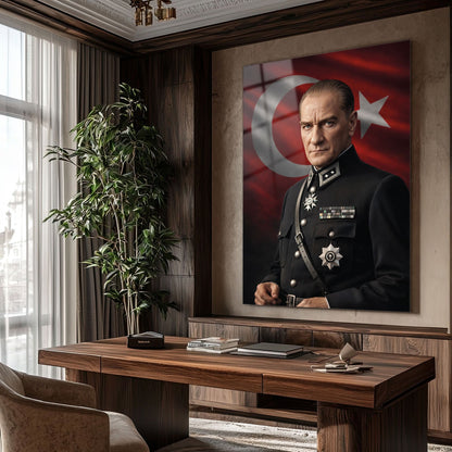 Atatürk Askeri Üniformalı Türk Bayrağı Cam Tablo